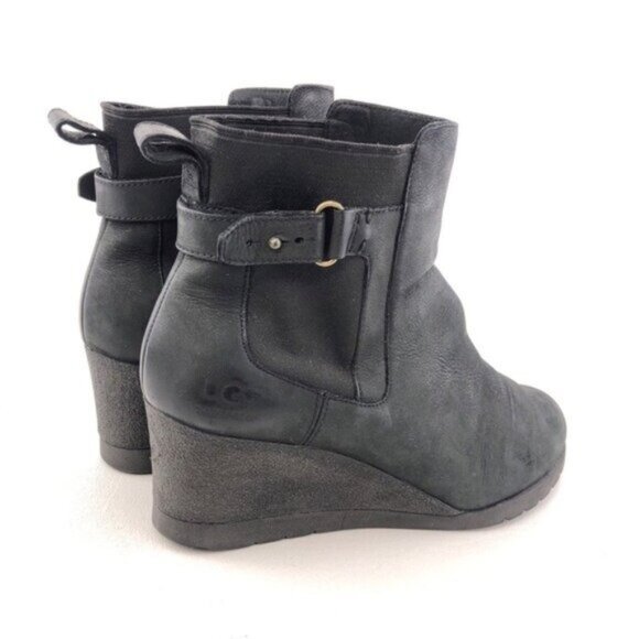 UGG Indra Black Leather Wedge Ankle Booties 9 - Picture 5 of 12